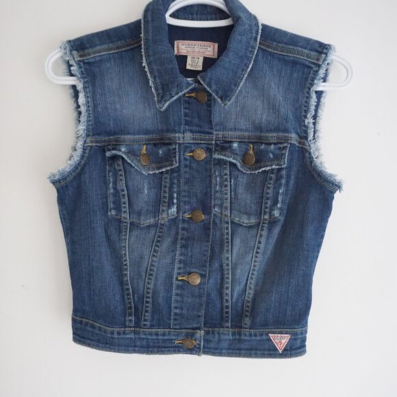 Vintage '90S Guess Jeans Dark Wash Sleeveless Button Jean Jacket Western Vest XS - Picture 1 of 11